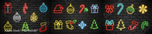 Neon christmas icons glowing on a dark brick wall featuring gifts trees and festive holiday decorations