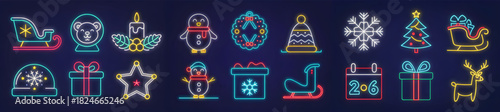 Neon christmas icons depicting a sleigh, bear, candle, penguin, wreath, hat, snowflake, and more holiday symbols