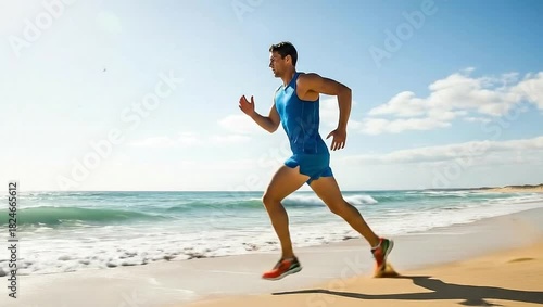 A runner in a blue outfit on a sandy beach under a bright sky. The man is captured in full motion, running along the water's edge on a sunny day.