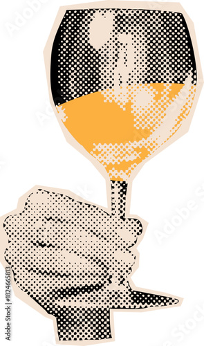 Vintage Hand Holding Wine Champagne Glass Illustration In Halftone Engraving Style For Celebration And Festive Design