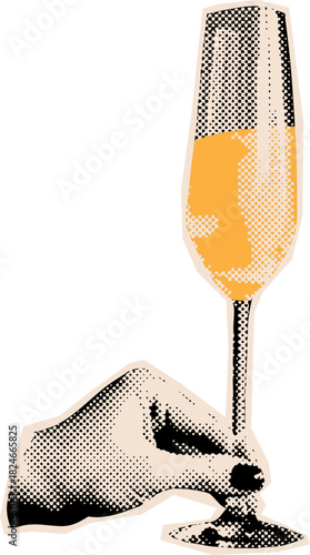 Vintage Hand Holding Wine Champagne Glass Illustration In Halftone Engraving Style For Celebration And Festive Design