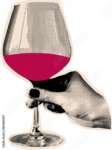 Vintage Hand Holding Wine Champagne Glass Illustration In Halftone Engraving Style For Celebration And Festive Design