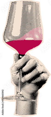 Vintage Hand Holding Wine Champagne Glass Illustration In Halftone Engraving Style For Celebration And Festive Design
