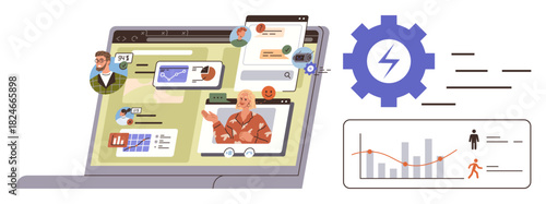 Laptop screen showcasing team interaction, virtual meetings, analytics, and workflow automation adjacent elements thumbs up graphs and gear symbolize efficiency. Ideal for teamwork, digital