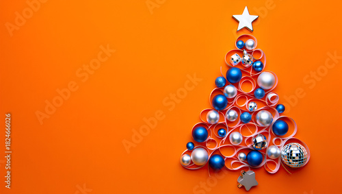 Mood of festive red and silver decor featuring Christmas tree shape, ribbon and glitter on a deep orange backdrop, capturing Christmas vibe and New Year celebration and warm greeting for the season