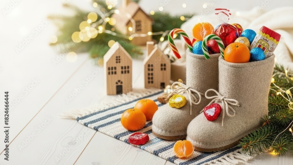 Naklejka premium Decorative Christmas boots filled with colorful candies and fruits. Small wooden houses and festive lights in the background. Celebrating St. Nicholas Day.