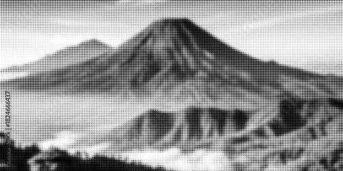 Mountain with halftone stipple effect, for grunge punk y2k collage design. Brutalist noisy retro photocopy background with mound. Vector illustration for vintage banner, music poster