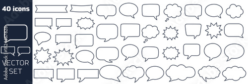 Speech Bubble Vector Set, Comic Text Balloon Outline Icons, Vector Callout Shapes, Cad Drawing Flat Vector Illustration, Black and White Minimal Design Speech Shapes Isolated on White Background