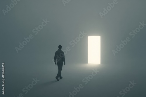 Lone man walking through fog toward a glowing doorway, symbolizing hope, new beginnings and stepping into the unknown.