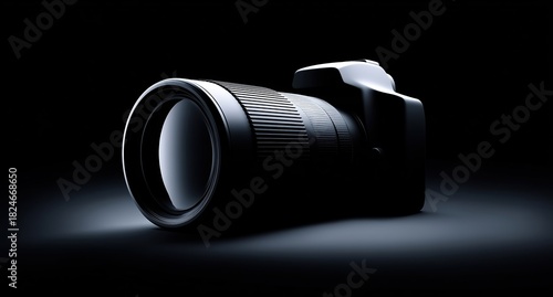 elegant studio display highlighting long lens camera suitable for wildlife and sports imagery