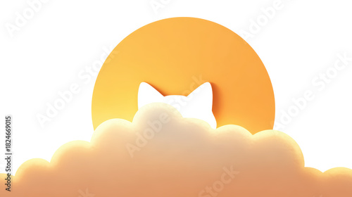 Minimalist Cat Silhouette Rising Behind Clouds at Sunset, Soft Pastel 3D Illustration