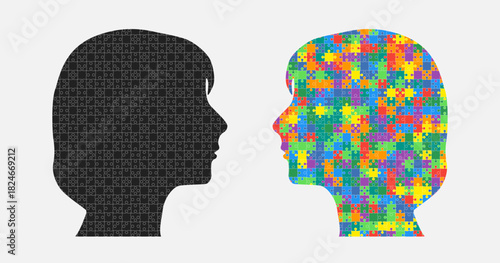 Head woman and man made puzzle pieces, education
