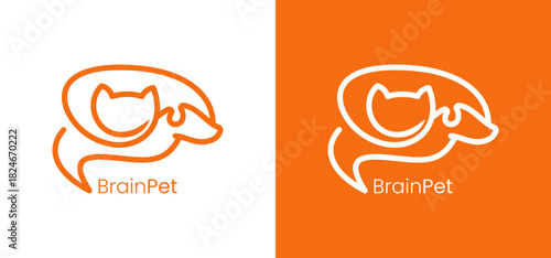 Pet logo design. Line art icon of a cat and dog with a brain accent. Line art vector illustration.