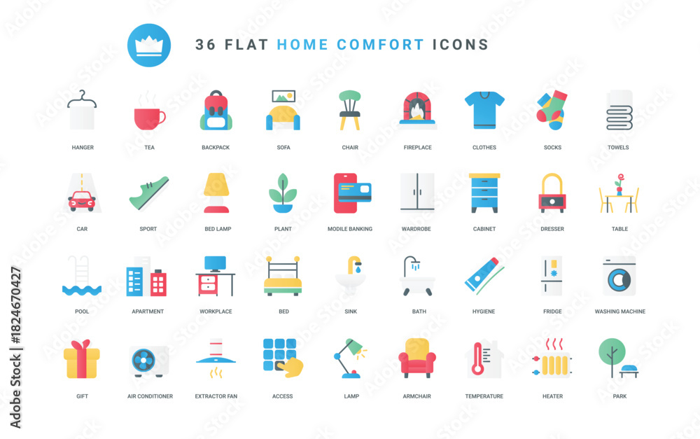 Fototapeta premium Comfortable clothes and furnishings for rooms, lifestyle hygiene tools and electrical appliances, fireplace. Furniture and home equipment trendy flat icons set vector illustration