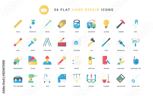 Tools for building improvement and construction, maintenance work of builders, handyman and engineer equipment. Home repair and renovation trendy flat icons set vector illustration