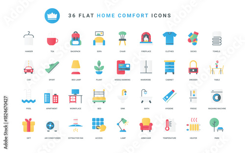 Comfortable clothes and furnishings for rooms, lifestyle hygiene tools and electrical appliances, fireplace. Furniture and home equipment trendy flat icons set vector illustration