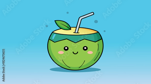 Cute kawaii coconut drink with umbrella and straw