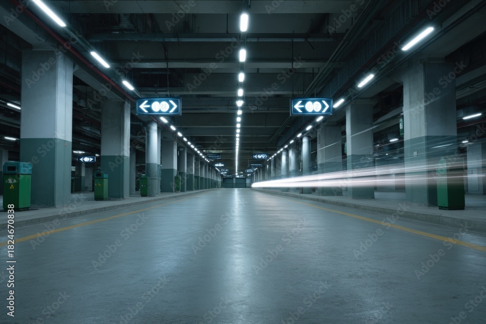 Fototapeta premium Empty underground parking garage with motion blur light trail