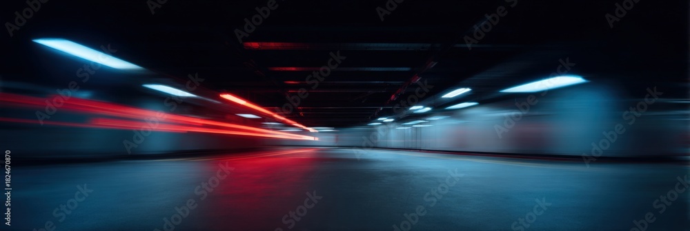 Fototapeta premium Abstract motion blur in urban underground parking with red and blue lights