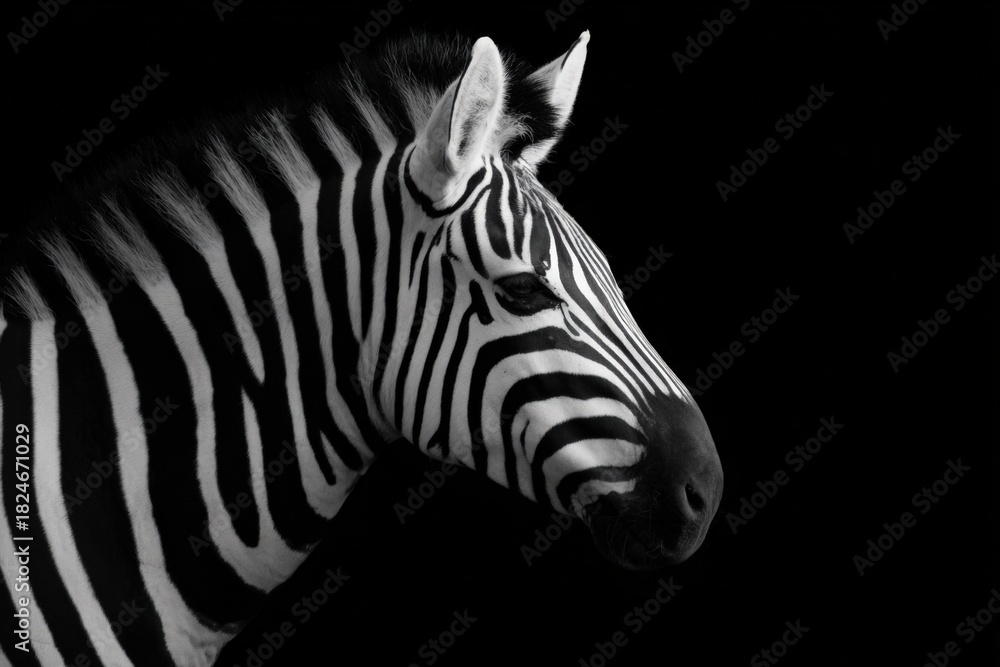 Naklejka premium Elegant zebra profile against black background highlighting stripes