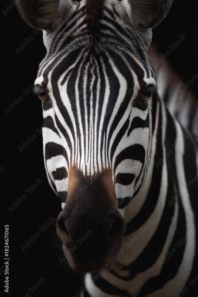 Naklejka premium Close-up portrait of a zebra on black background