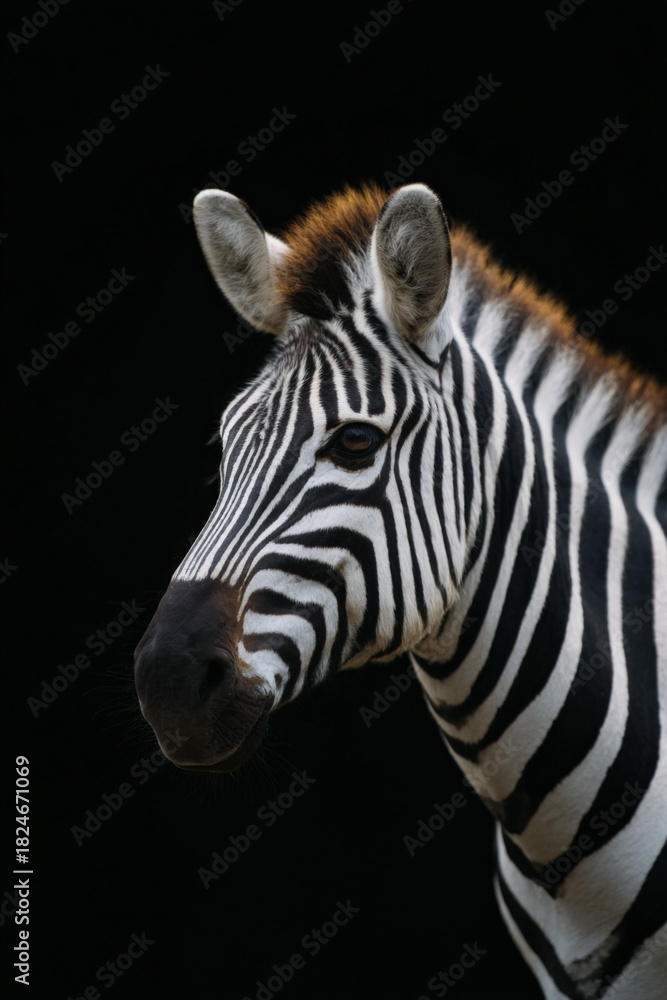 Naklejka premium Close-up portrait of a zebra against a black background