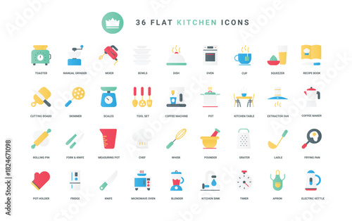 Restaurant or home tools and household electric machines symbols, chefs recipe book, utensils for cooking food. Kitchen equipment and furniture trendy flat icons set vector illustration