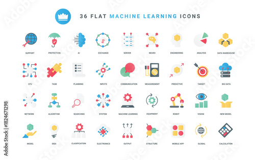 Algorithms and automatic smart processes of AI communication, circuit in digital robot brain, future technology. Machine learning, data analysis trendy flat icons set vector illustration