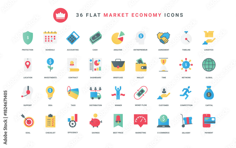 Fototapeta premium Electronic wallet, piggy bank and currency flow, handshake and payment, shopping delivery protection in mobile app. Economy, finance and money trendy flat icons set vector illustration