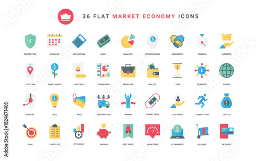 Electronic wallet, piggy bank and currency flow, handshake and payment, shopping delivery protection in mobile app. Economy, finance and money trendy flat icons set vector illustration