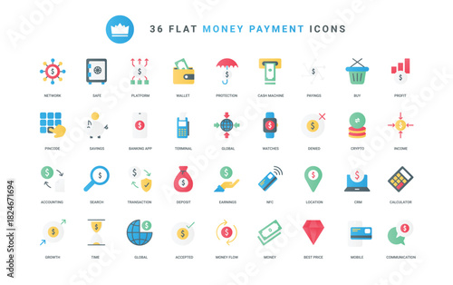 Virtual wallet and banking mobile app, piggy bank and protection for transfers and earnings. Digital payment, money payment and transaction trendy flat icons set vector illustration
