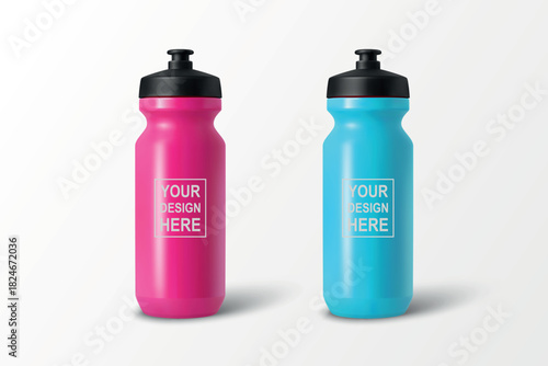 Vector 3d Realistic Sports Water Bottle Set, Isolated. Blank Plastic Cycling Water Bottle with Black Cap. Water Bottle Template. Vector Sport Bottle for Fitness, Gym, Branding, Packaging Design