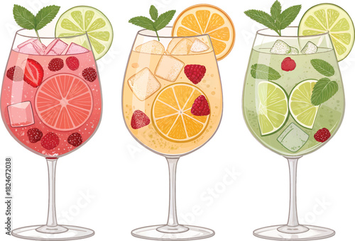 Colorful Cocktail Illustration with Lemon, Lime & Grapefruit ? Ice-Filled Glasses for Seasonal Ads.eps