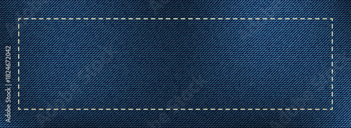 Dark blue denim fabric texture background, framed by rectangular dashed stitching border for banners or labels