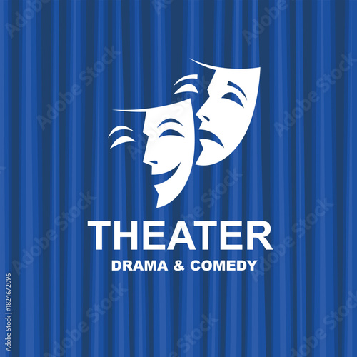 icon of comedy and tragedy theatrical masks with blue curtains