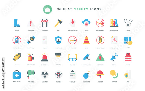 Warning attention signs about risk of accident, first aid kit and emergency, extinguisher for home fire, surveillance support. Life safety, insurance trendy flat icons set vector illustration
