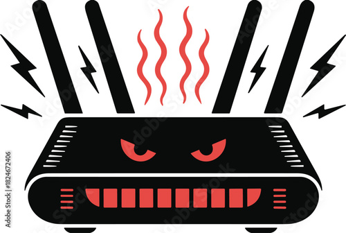 Angry Wi-Fi Router Icon Vector Graphic Illustration with Red Glowing Face Flames and Lightning for Frustrated Internet Connection Bad Network Trouble Error Hacking