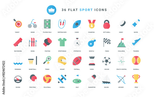 Sportswear and equipment for training boxing and skiing, trophy in challenge competition of tennis and basketball, soccer and volleyball. Sport trendy flat icons set vector illustration
