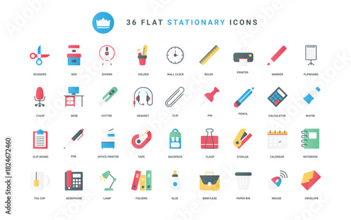 Glue and scissors, staple and ruler, calculator and pencil for school education or office secretary, stationery for workspace. Stationary trendy flat icons set vector illustration