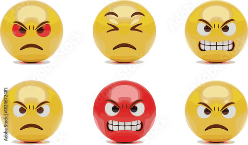 Set of Angry and Furious Emoji Faces Vector Illustration, Stress, Rage, and Negative Emotion Icons.