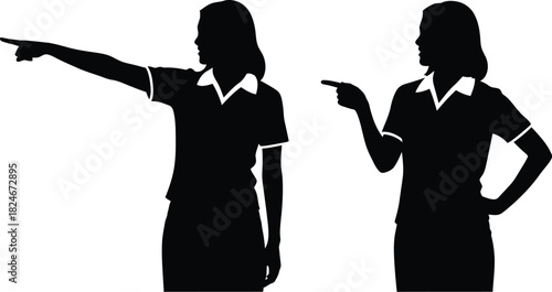 Silhouette of two women pointing left, one with a hand on her hip