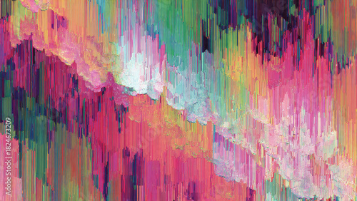 Abstract digital art, bursting with pixel-sorted lines in vibrant pinks, greens, and blues, creating a dynamic, modern, and textured visual.