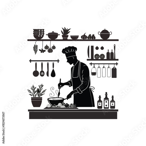 A black silhouette of a chef cooking in a kitchen