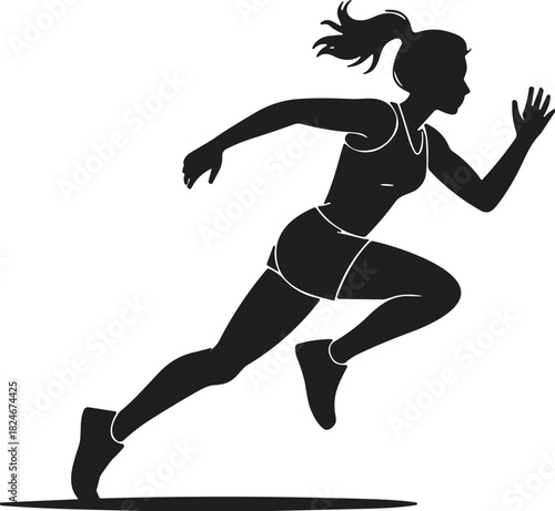 Female Runner in Full Stride Silhouette Vector Illustration, Depicting Running, Sprinting, Speed, and Athleticism, Ideal for Fitness, Sport, and Workout Graphics.