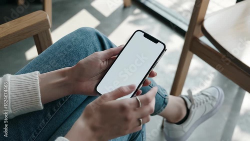 Relaxed woman scrolling blank phone screen, perfect for app promotion in lifestyle video