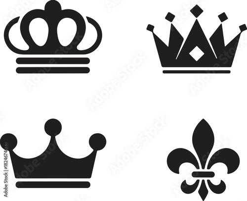 Set of Four Royal Crown and Fleur de Lis Silhouettes Vector Collection, Symbolizing Royalty, Nobility, Kingdom, Monarchy, Luxury, and Elegant Medieval Design Elements.