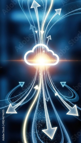 Cloud computing concept with data flowing in and out of a shining cloud symbol. Digital network technology for information transfer and storage.