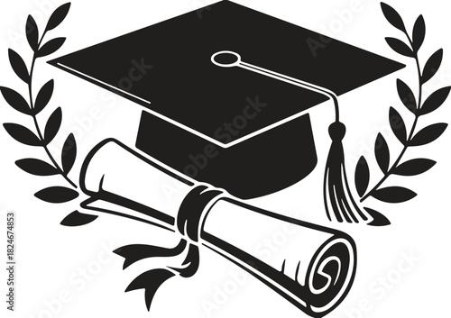 Academic Graduation Cap and Diploma Scroll Silhouette Vector Illustration, Surrounded by Laurel Wreath, Symbolizing Education Achievement, Success, and University Ceremony.