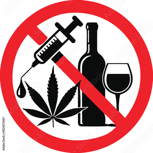 Circle Prohibition Sign Vector Illustration of Drugs, Alcohol, and Marijuana Leaf, Symbolizing No Substance Abuse, Addiction Prevention, and Controlled Environment.