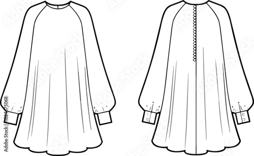 Oversized Raglan Sleeve Blouse Technical Fashion Sketch with Volume Sleeves, Button Cuffs, and Back Neck Button Placket, Vector CAD.
